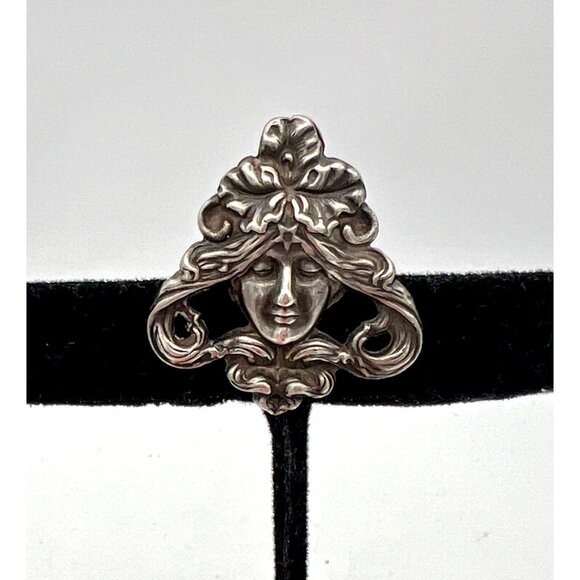 Antique Art Nouveau Sterling Silver Brooch Pin Repoussé Lady Goddess Face 925 - Picture 2 of 6